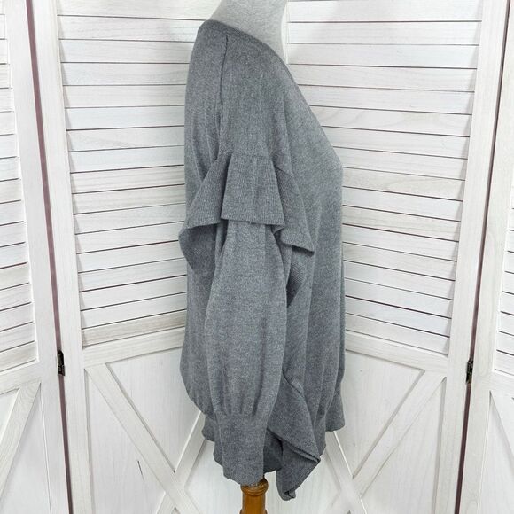 Zara Ruffle Trim Sides V Neck Sweater Grey Medium Dolman Sleeve - Picture 4 of 15